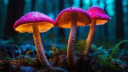 Abstraction, fantastic mushrooms in a clearing. Bright neon light, dark colors.