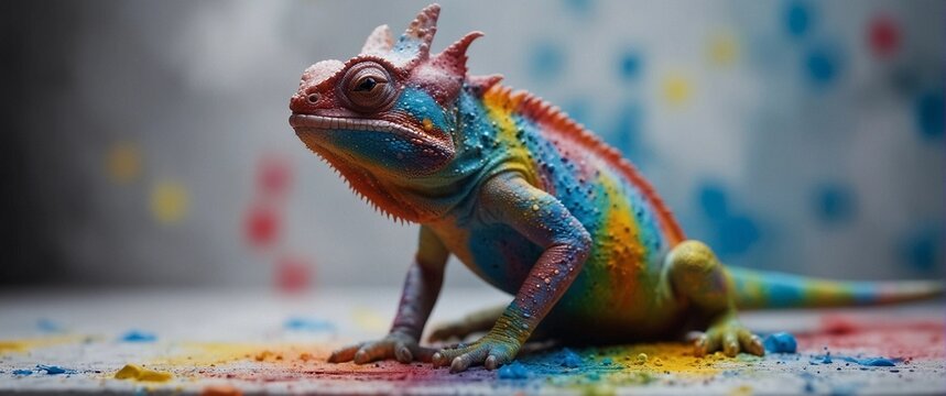 Iguana in colorful paints, close-up, isolated background
