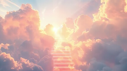 A celestial stairway made of delicate, radiant steps, ascending through a serene sky filled with soft, pastel-colored clouds. 