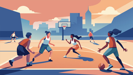 A group of students playing a friendly game of basketball on the court energized and competitive as they test their basketball skills on the - obrazy, fototapety, plakaty
