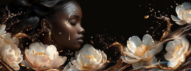 Ethereal African Beauty with Golden Floral Accents