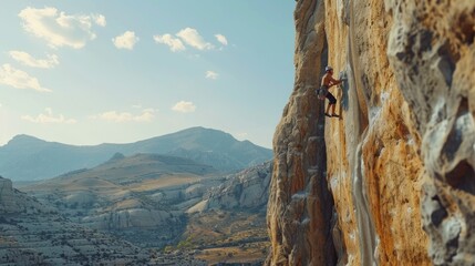 A determined rock climber scales a towering cliff