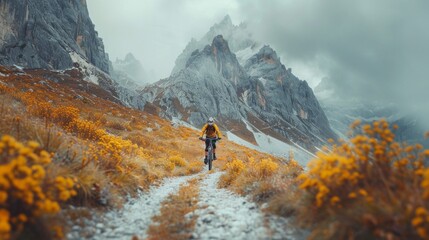 An adventurous cyclist races down winding mountain trails