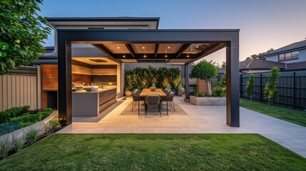 A contemporary backyard with a built-in outdoor kitchen and dining area. There's a pergola providing shade over a modern dining set, and ambient lighting illuminates the area. 