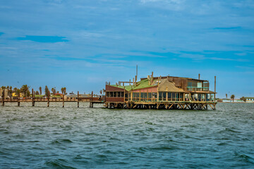 Old docks hosting bars and restaurants in the waterfront of Walvis Bay, Namibia