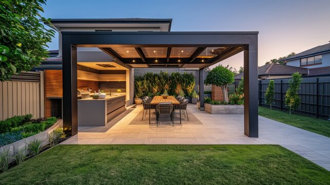 A contemporary backyard with a built-in outdoor kitchen and dining area. There's a pergola providing shade over a modern dining set, and ambient lighting illuminates the area. 