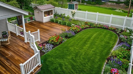 A cozy backyard with a wooden deck and lush green lawn, surrounded by a white picket fence. Flower beds with colorful blooms line the edges, and a small garden shed sits in one corner.  - obrazy, fototapety, plakaty