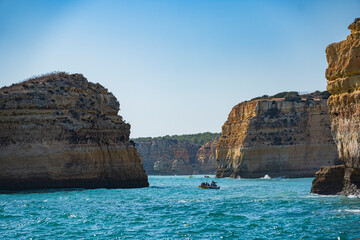 Coastal view of the beaches and caves in Algarve, Portugal.