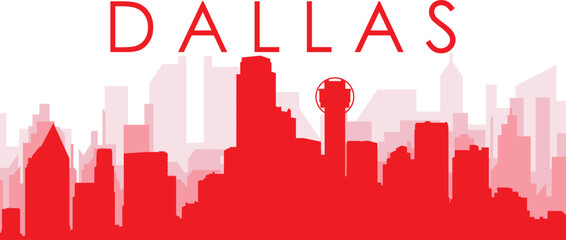 Red panoramic city skyline poster with reddish misty transparent background buildings of DALLAS, UNITED STATES