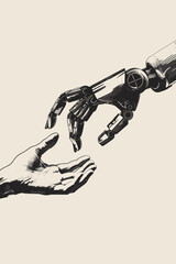 Robotic arm and human hand reaching towards each other, symbolizing collaboration between AI and humans