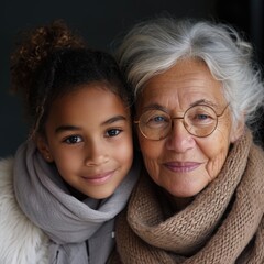 A young girl and an older woman, possibly a grandmother and granddaughter, stand close together and share a warm embrace. Fictional Character Created by Generative AI.