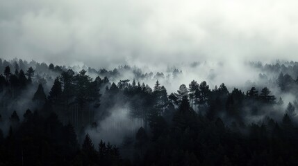 A dense forest enveloped in fog, with the dark silhouettes of trees creating a stark contrast against the white sky.