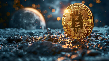 Bitcoin to the moon concept, Bitcoin in space with the moon as a backdrop. - obrazy, fototapety, plakaty