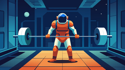 In a spacious gym area on the spacecraft an astronaut is performing deadlifts with a barbell the weight causing sweat to bead on their forehead