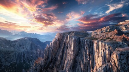 A dramatic mountain landscape mockup, with rugged cliffs and a vibrant sunset sky, offering a...