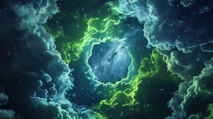 A dramatic fantasy sky where neon green and blue clouds form a vortex in the center,,  surrounded by a starry night background. The effect is mesmerizing and intense.  - obrazy, fototapety, plakaty