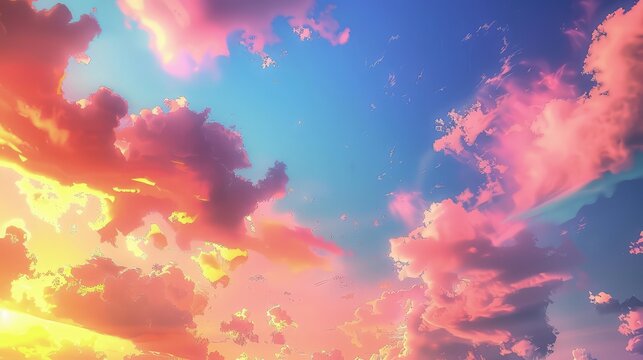 A dreamlike sky with clouds that shift in colors from neon pink to orange, creating a vibrant sunset effect in a fantasy world. The sky transitions from light to dark blue. 