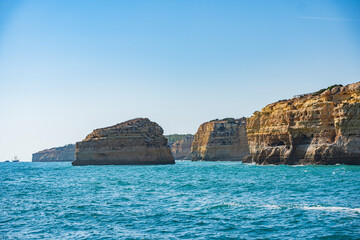 Coastal view of the beaches and caves in Algarve, Portugal.