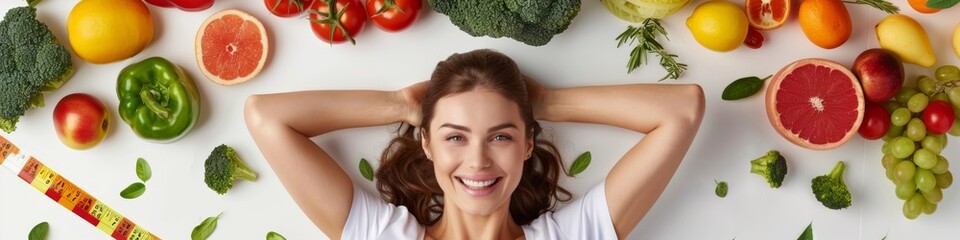 Fototapeta premium A banner featuring a healthy fitness woman surrounded by an assortment of fresh fruits and vegetables