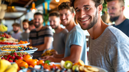 A man is smiling and holding a plate of food. He is surrounded by other people who are also smiling. The atmosphere is friendly and welcoming. Sport men on good nutrition food Training In Sport Club - obrazy, fototapety, plakaty