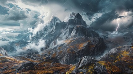 A dynamic mountain landscape mockup during a thunderstorm, with dramatic clouds and lightning, providing a powerful backdrop for weather-resistant outdoor gear.  - obrazy, fototapety, plakaty