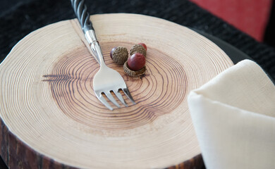 The sight of acorns and forks on a plate on a tree trunk