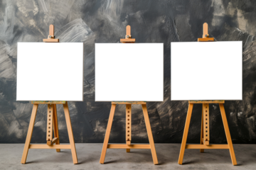 Blank canvas mockup with tripod standing in the exhibition hall. 3D Rendering