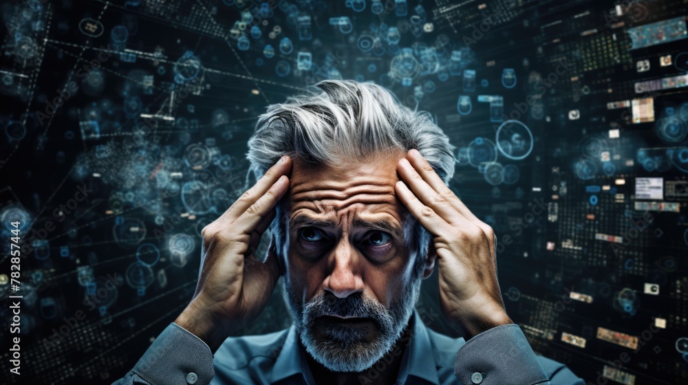 Poster tech analyst study cyber data chart from corporate system for statistical analytic defining marketin