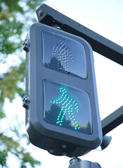 Pedestrian traffic light with green light at an intersection in Japan