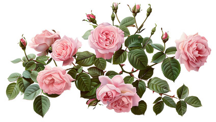 Beautiful pink roses in full bloom, with soft petals and green leaves, cut out
