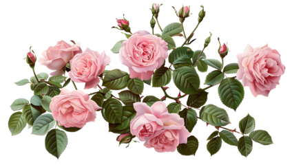 Beautiful pink roses in full bloom, with soft petals and green leaves, cut out