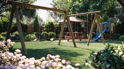 A family-friendly backyard with a playground set, including swings and a slide, on a safe, soft grass area. There's a picnic table under a shaded area, surrounded by flowering shrubs. 