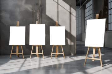 Blank canvas mockup with tripod standing in the exhibition hall. 3D Rendering