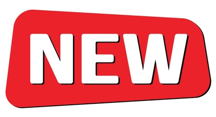 NEW text on red trapeze stamp sign.