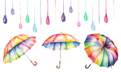 Watercolor multicolored umbrella on an isolated background. colorful raindrops. Transparent background. A great option for printing on postcard, poster, fabric, paper, clothing.