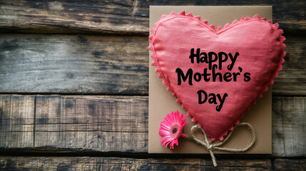 Heartfelt gift adorned with a canvas heart greeting, nestled against a rustic wooden backdrop, Mother's Day concept