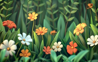 3D cartoon flower background, realistic illustration of spring flowers