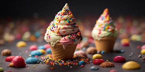 refreshing  summer food vanilla ice Cream Cone with Colorful Sprinkles