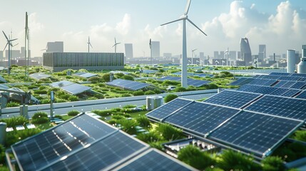 A green rooftop data center with an array of solar panels and wind turbines, showcasing the use of renewable energy in digital infrastructure. 