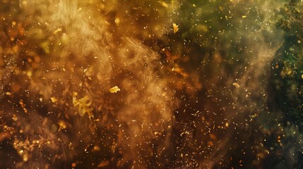 A harmonious blend of earth-toned dust in browns, greens, and yellows, creating a natural, organic pattern. The dust appears soft and dispersed, like a gentle breeze carrying leaves. 
