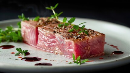 Exquisite food photography showcasing a seared tuna steak on a plate, highlighting World Tuna Day for a restaurant menu