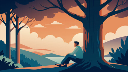 A man rests against the trunk of a towering oak tree surrounded by a peaceful forest. As he runs his fingers through the soft green moss