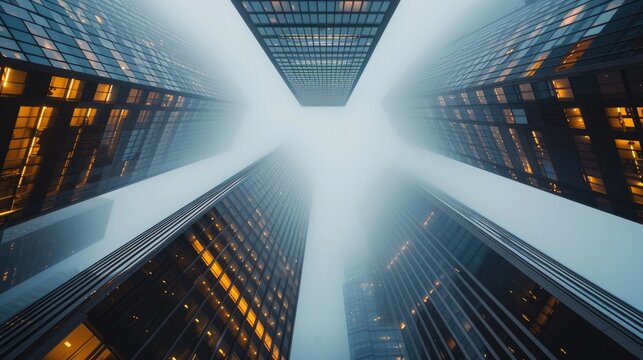Gazing into the fog, a line of towering skyscrapers emerges. The glass-clad buildings create a parallel and symmetrical ensemble in the bustling metropolitan area. AIG41