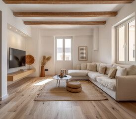 Fototapeta premium Serene minimalist bedroom in peach tone. Interiors composition in a luxury home