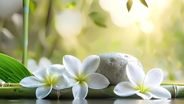 White frangipani flowers with green leaves on bamboo over water with sunlight and bokeh.