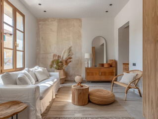 Serene minimalist bedroom in peach tone. Interiors composition in a luxury home