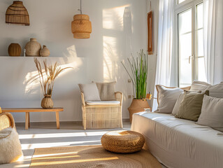 Serene minimalist bedroom in peach tone. Interiors composition in a luxury home