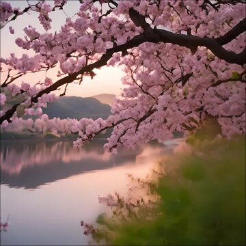 Sakura trees in full bloom by a tranquil river at sunrise