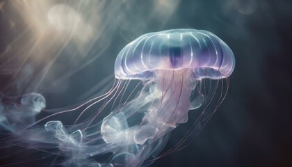 Naklejka premium Floating jellyfish depicted with flowing, transparent shapes in shades of blue and purple, against a dark background, capturing the ethereal beauty of marine life.