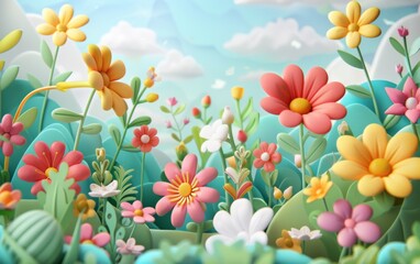 3D cartoon flower background, realistic illustration of spring flowers